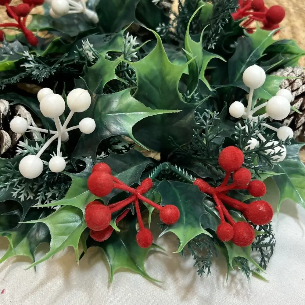 Vintage Candle Ring Wreath MCM Mid Century Flocked Red Berries Holly Pinecones